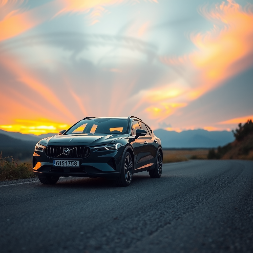 Automóvil moderno de color oscuro en una carretera escénica de Argentina al atardecer.