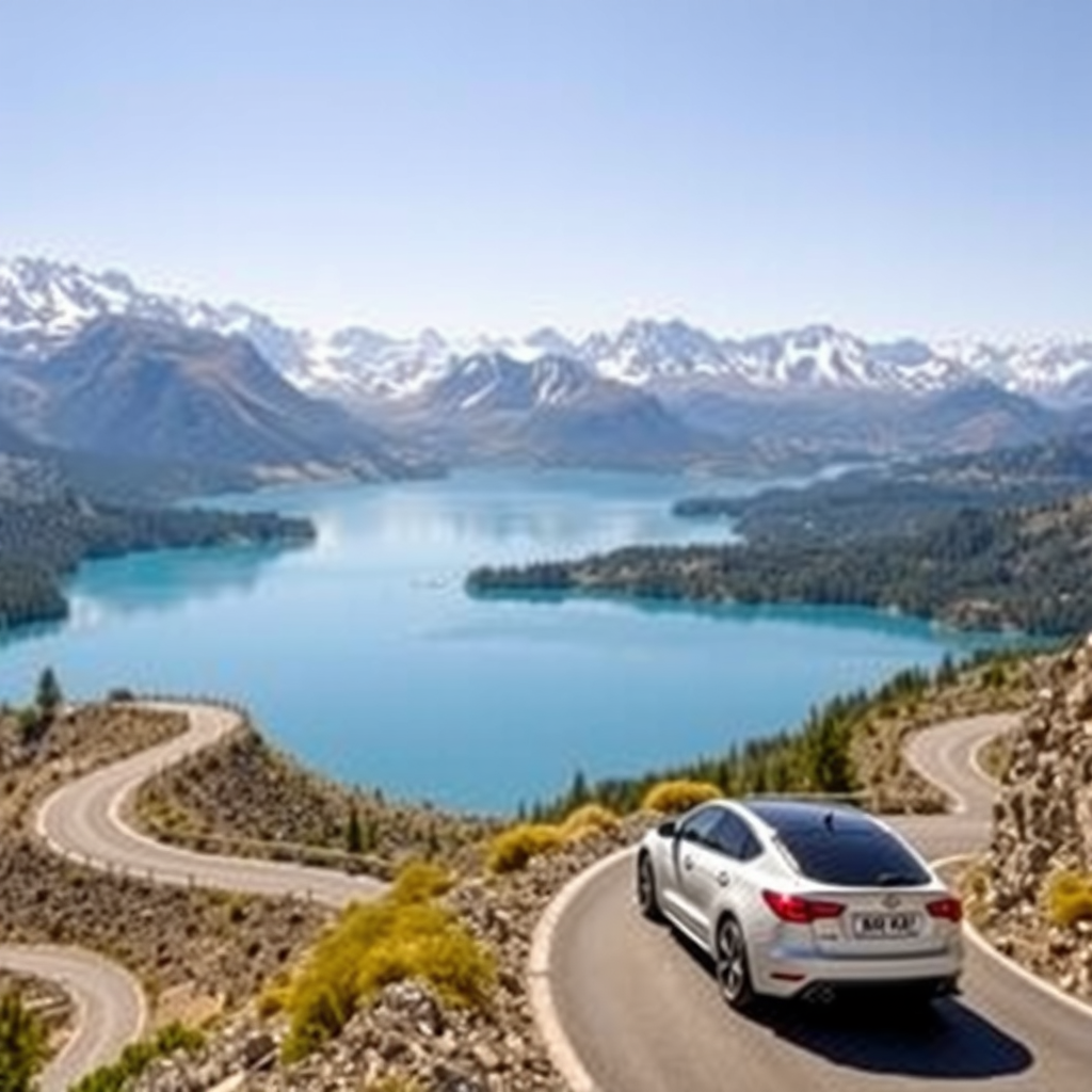 Una vista panorámica de un lago cristalino y montañas nevadas a lo largo de la Ruta de los Siete Lagos en Argentina, con un coche moderno conduciendo por la carretera sinuosa.