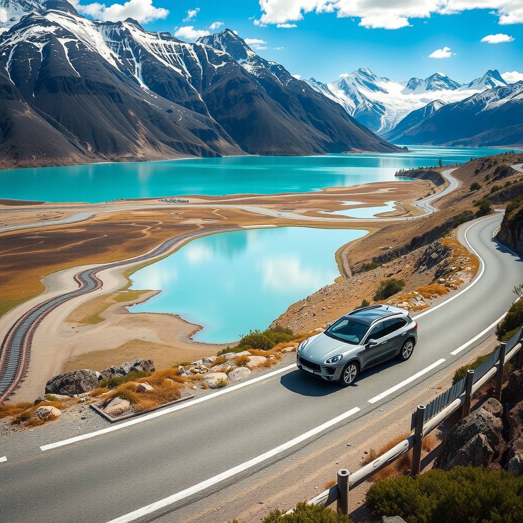 Una vista panorámica de la Ruta de los Siete Lagos en la Patagonia argentina, con un coche moderno conduciendo por la carretera sinuosa junto a un lago de color turquesa y montañas nevadas al fondo.