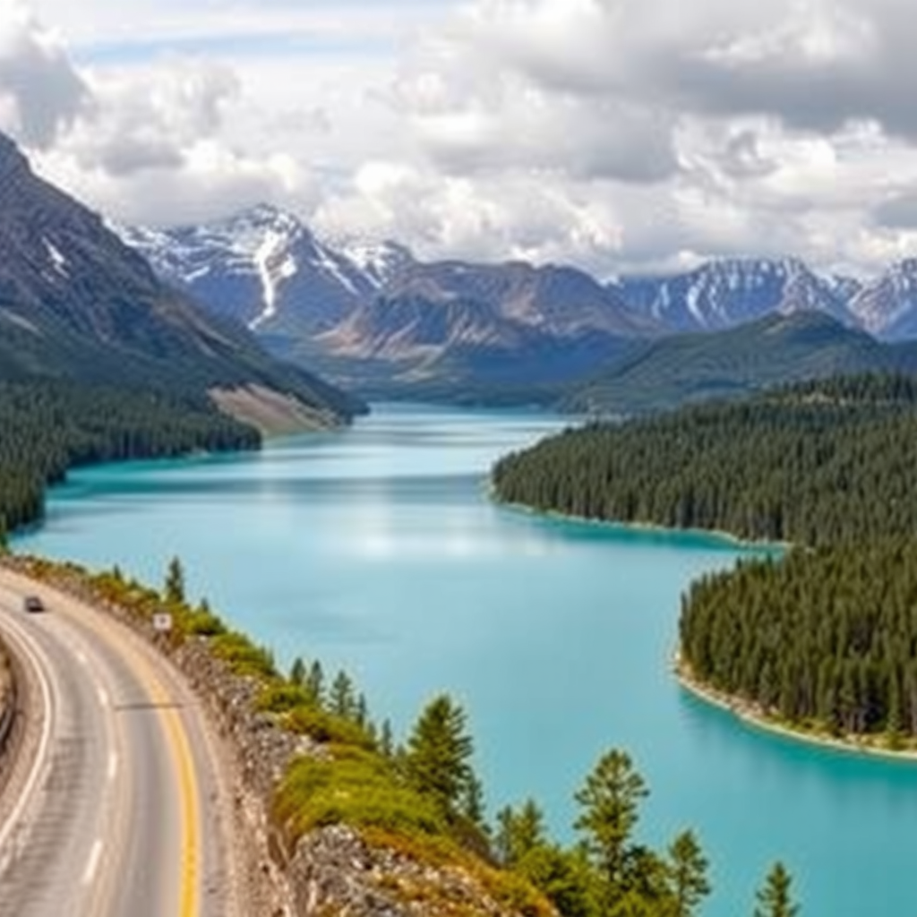 Vista panorámica de la Ruta de los Siete Lagos en la Patagonia argentina, con la carretera asfaltada bordeando un lago de aguas turquesas y montañas boscosas al fondo.