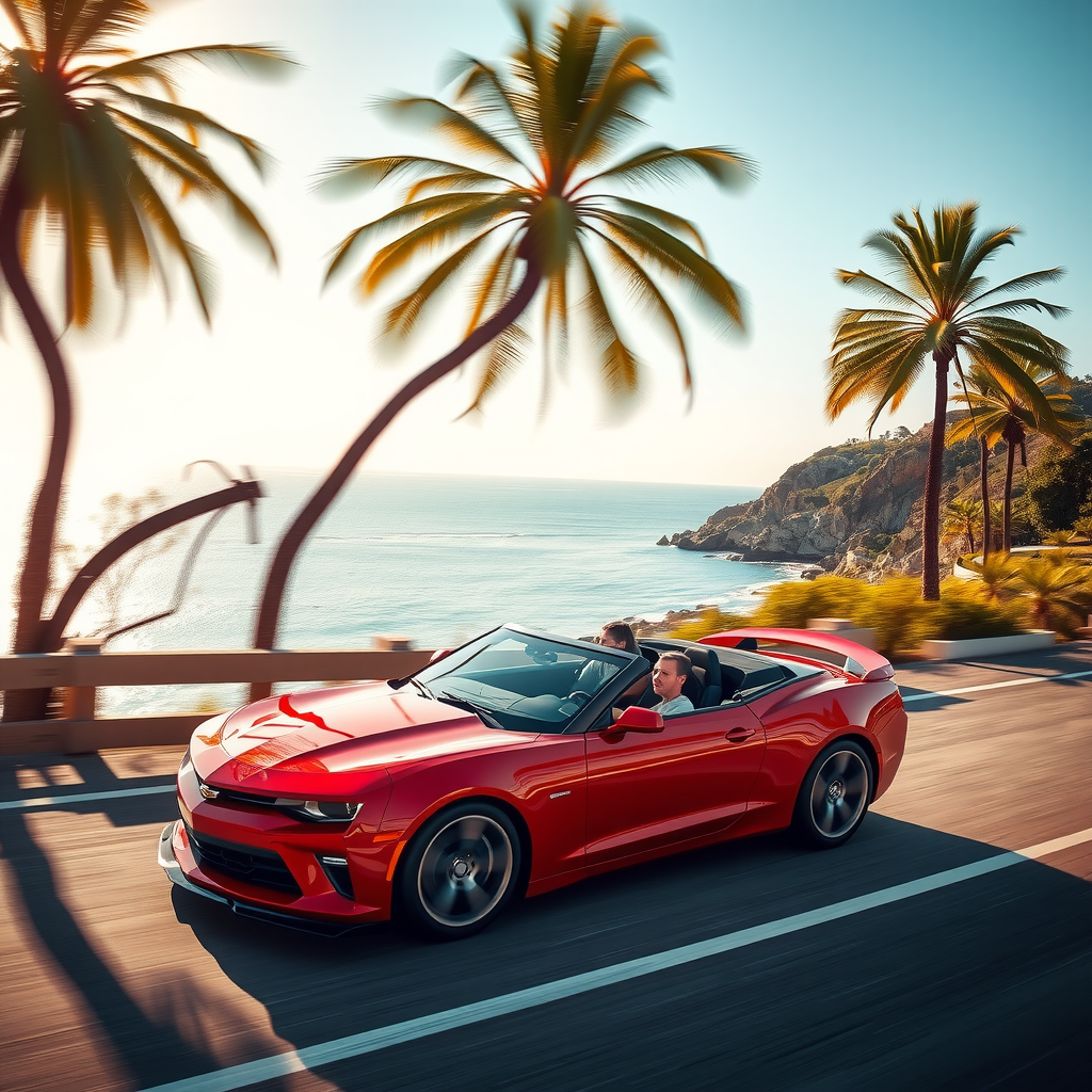 Un coche deportivo rojo conduciendo por una carretera costera en un día soleado de verano, simbolizando la libertad de viajar en un vehículo bien mantenido.