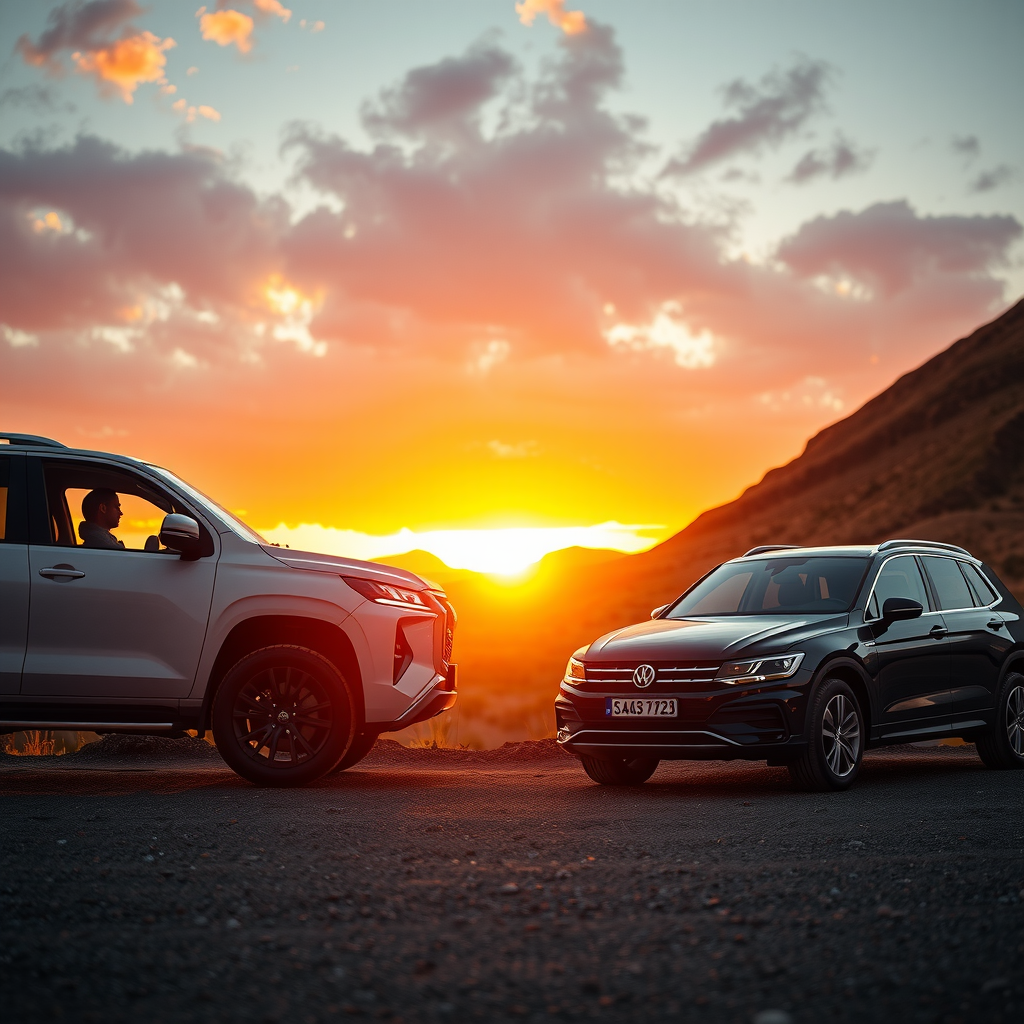 Un SUV y un sedán estacionados uno al lado del otro frente a un paisaje montañoso argentino al atardecer, simbolizando la elección entre dos estilos de vida.