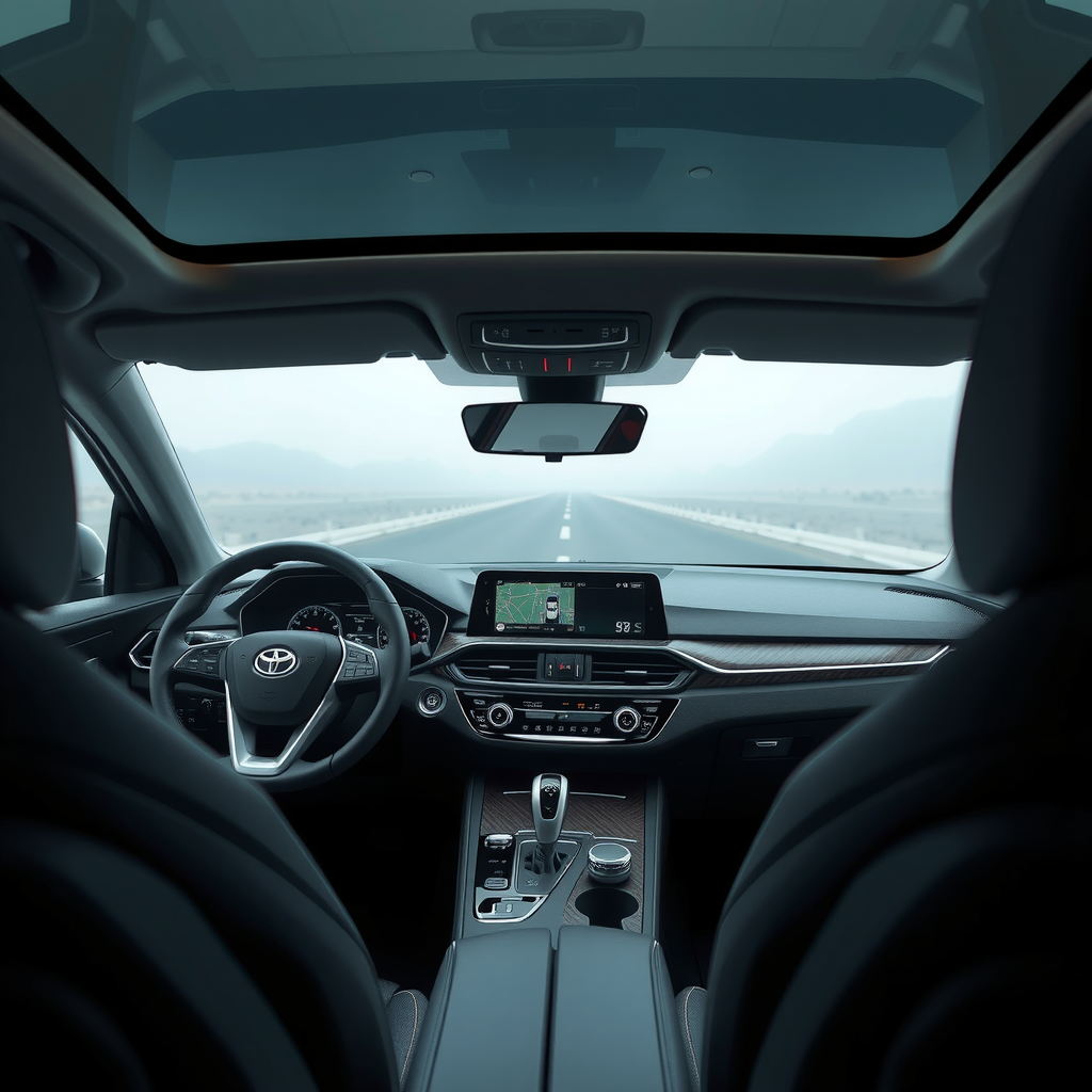 Vista interior de un coche moderno con una pantalla de visualización frontal que muestra los sistemas de asistencia al conductor activos.