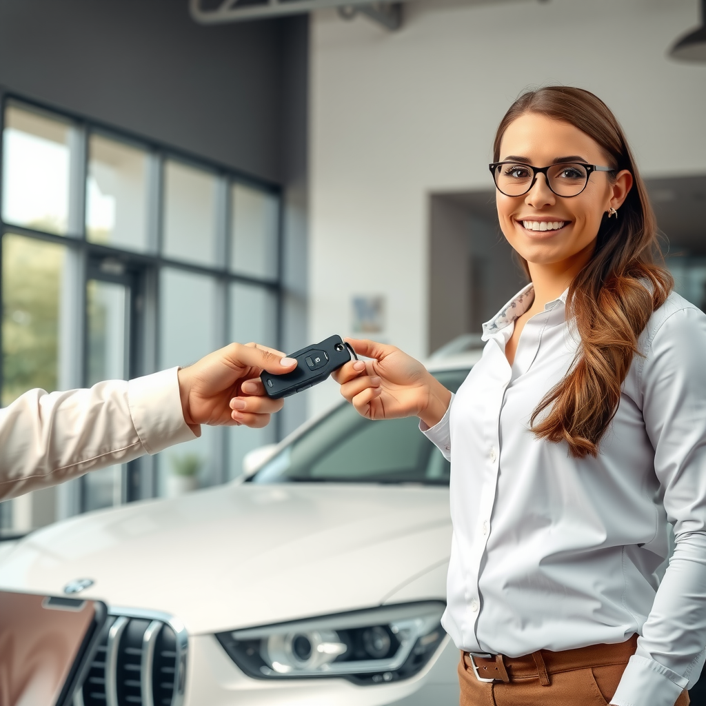 Un asesor de ReprovingSyst entregando las llaves de un vehículo a un cliente satisfecho frente a una oficina moderna.