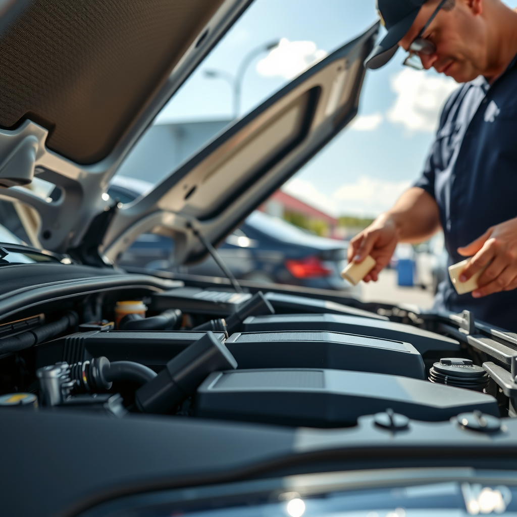 Un primer plano del motor de un coche con un mecánico revisando los niveles de fluidos bajo el capó, simbolizando el mantenimiento del vehículo en un día soleado de verano.