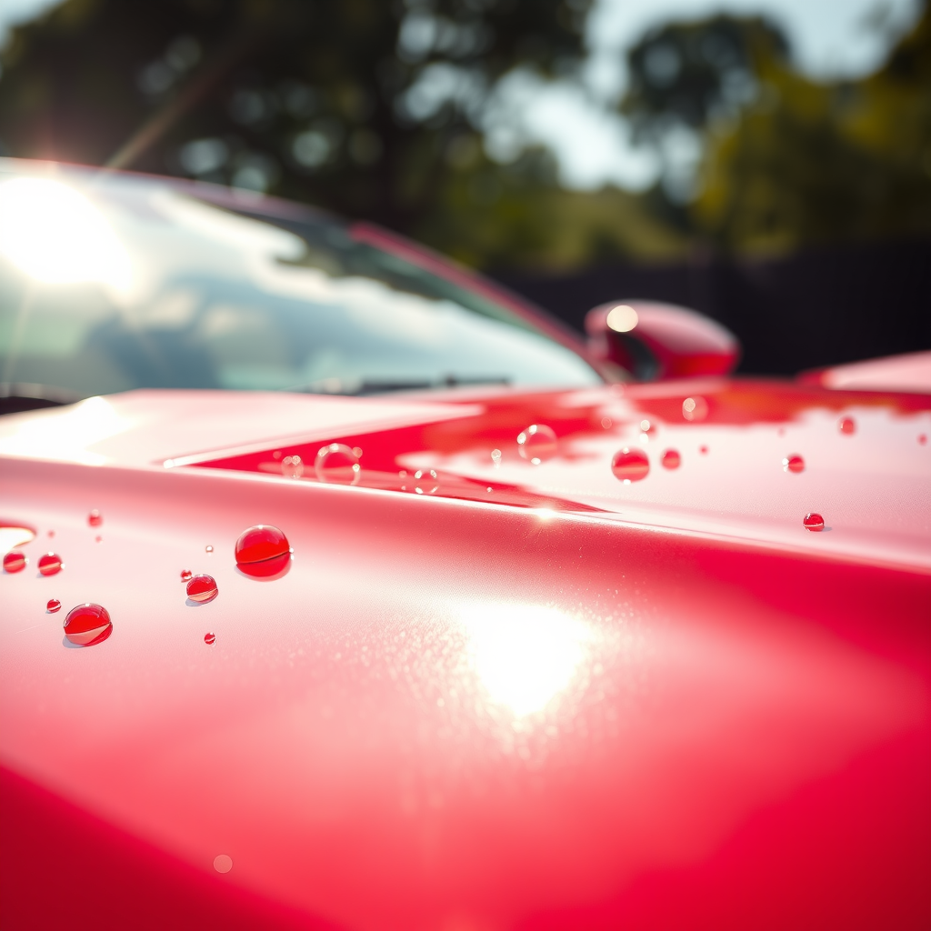 Un primer plano del capó de un coche deportivo rojo brillante bajo el sol del verano, con gotas de agua reflejando la luz, simbolizando la protección de la pintura.