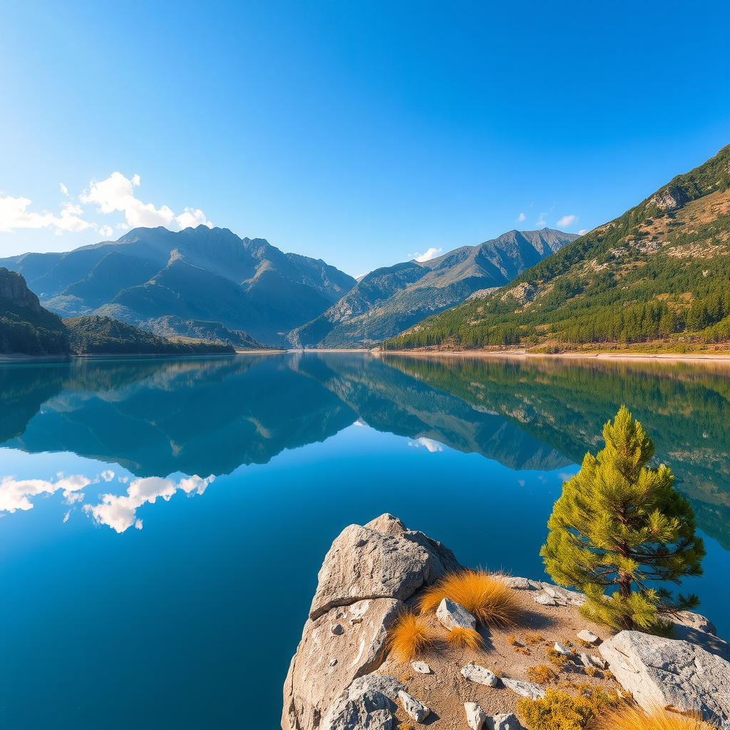 Mirador del Lago Espejo en la Ruta de los Siete Lagos, mostrando el reflejo perfecto de las montañas y el cielo en el agua cristalina.