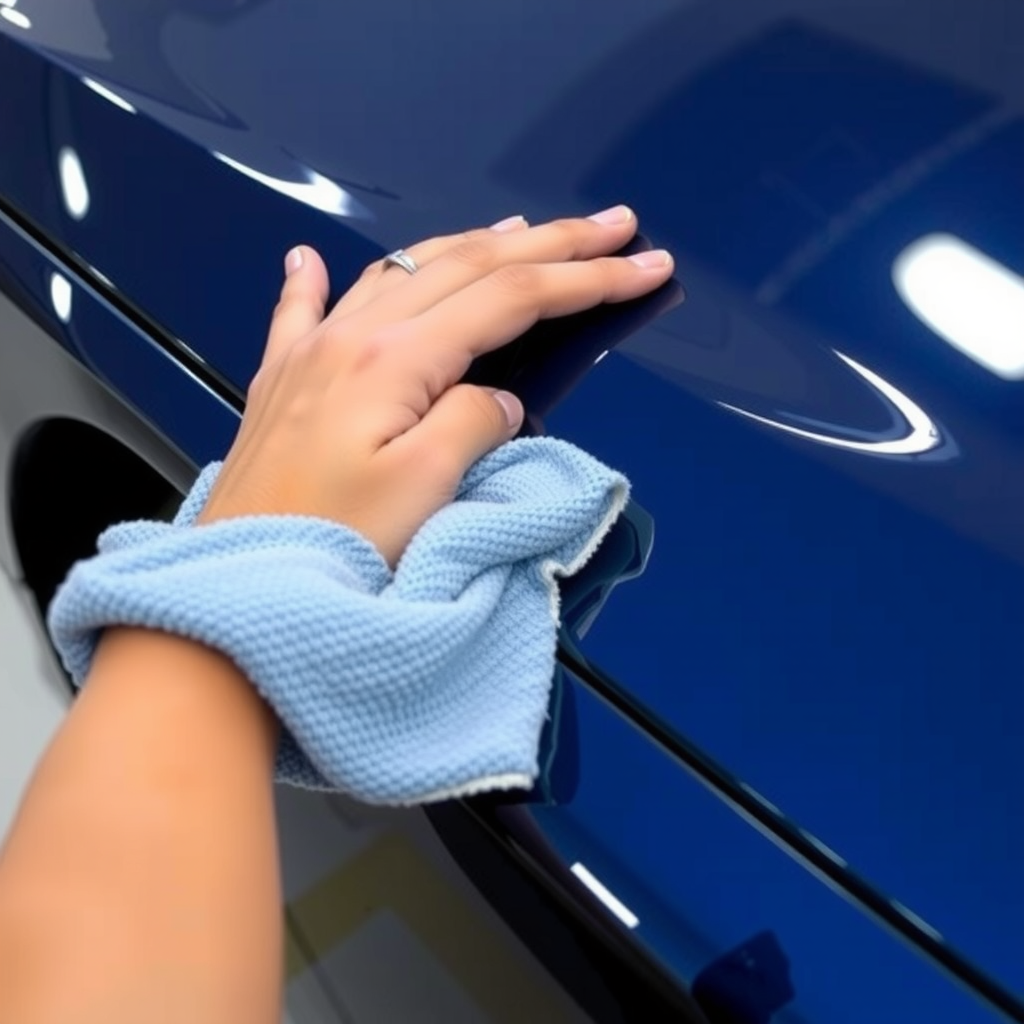 Una persona aplicando cera a un coche de color azul oscuro con un aplicador de microfibra, mostrando el brillo y la protección de la pintura.