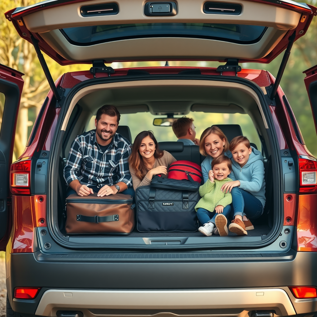 Una familia sonriente cargando equipaje y equipo de camping en el espacioso baúl de un SUV moderno en un entorno natural.