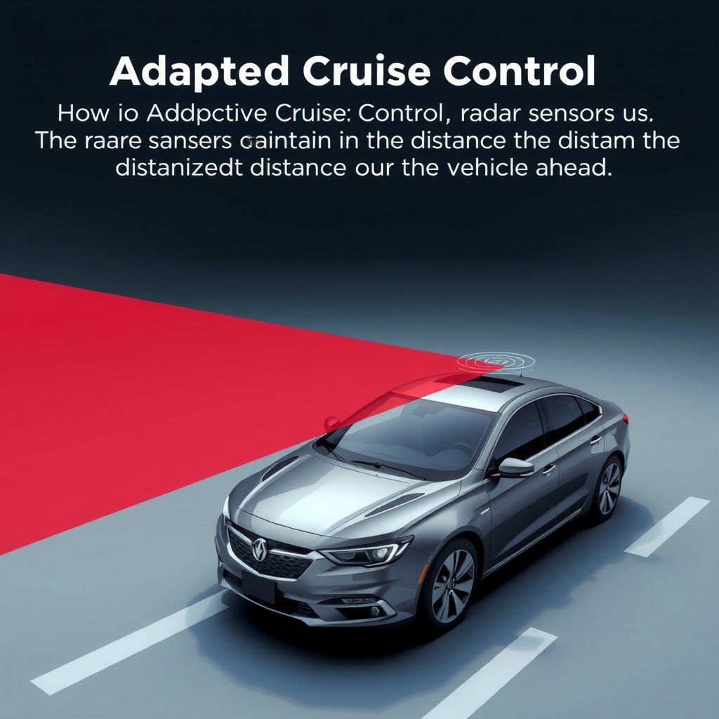 Diagrama que ilustra cómo el Control de Crucero Adaptativo utiliza sensores de radar para mantener una distancia segura con el vehículo de adelante.