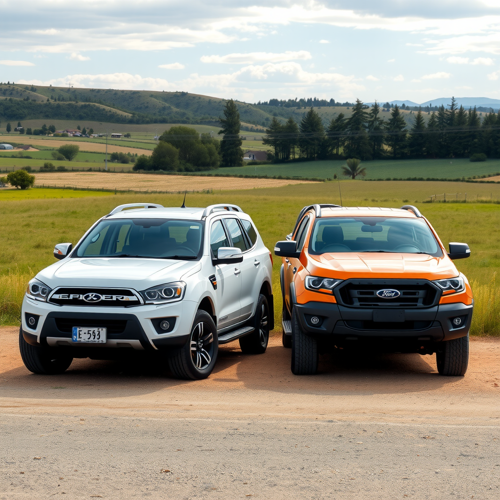 Una camioneta SUV y una pick-up estacionadas una al lado de la otra en un terreno rural argentino, con un paisaje de campo de fondo, comparando los dos tipos de vehículos.