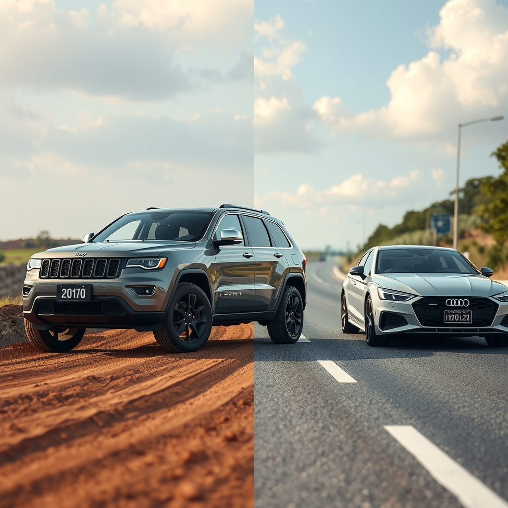 Una comparativa lado a lado de una SUV familiar robusta en un camino de tierra y un sedán elegante en una carretera urbana, mostrando sus diferentes entornos.