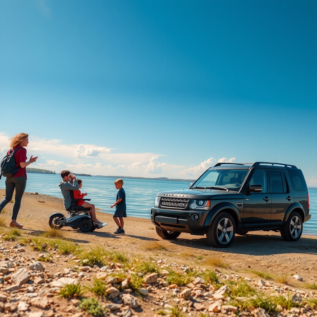 Una familia disfrutando de un día soleado en la orilla del Lago Falkner, con su vehículo estacionado cerca, demostrando la accesibilidad de la ruta.