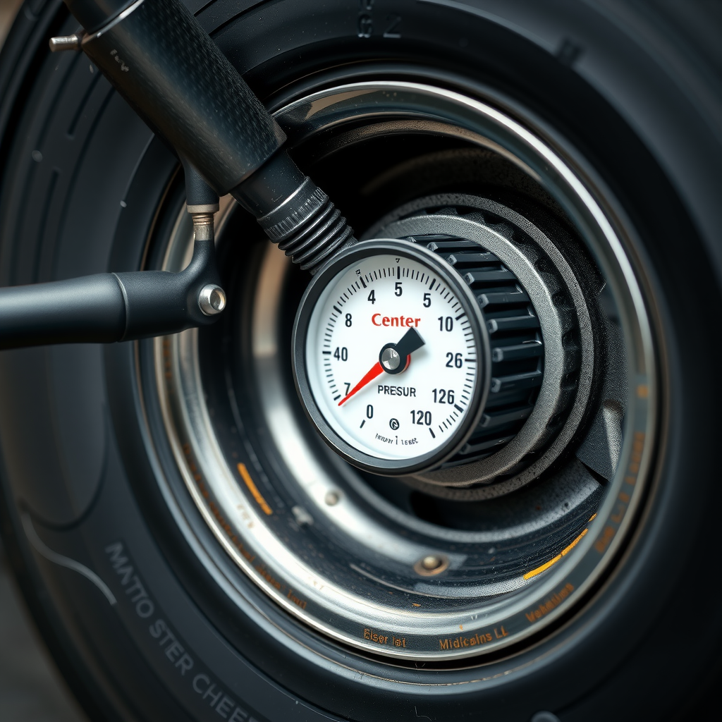 Un primer plano de un manómetro de presión de neumáticos conectado a la válvula de un neumático, mostrando la importancia de la revisión regular.