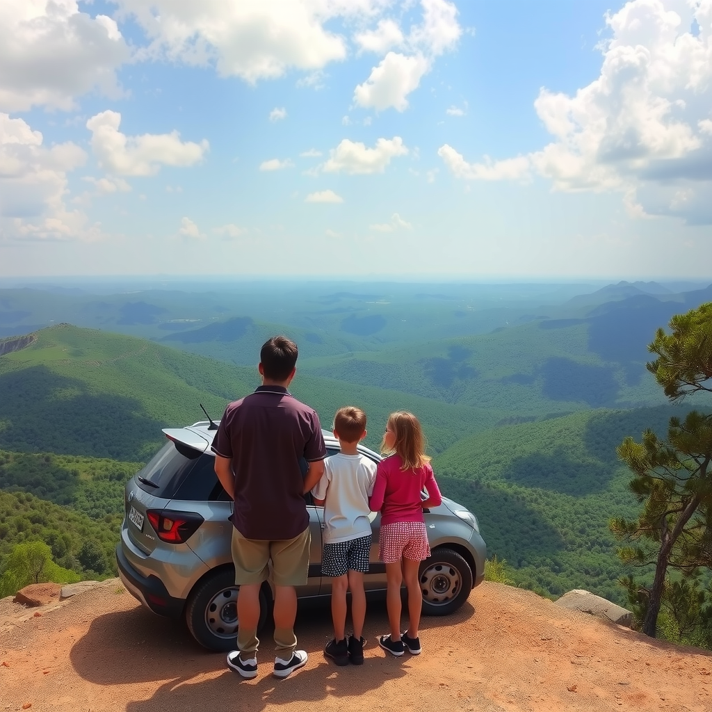 Una familia disfrutando de la vista desde un mirador en las Sierras de Córdoba, con el coche aparcado de forma segura y un vasto valle verde extendiéndose debajo.