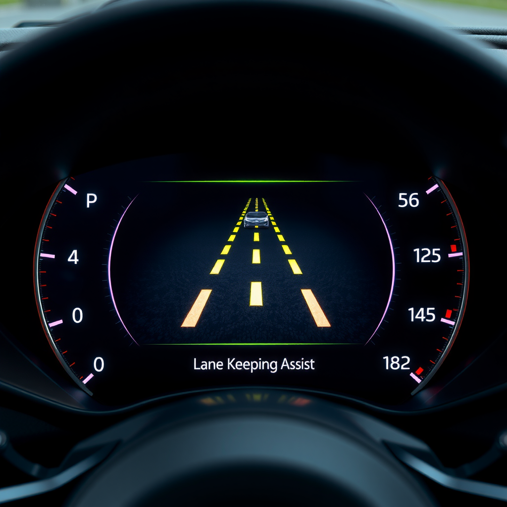 Vista desde el asiento del conductor de un panel de instrumentos digital que muestra el icono del Asistente de Mantenimiento de Carril activo, con líneas de carril verdes.