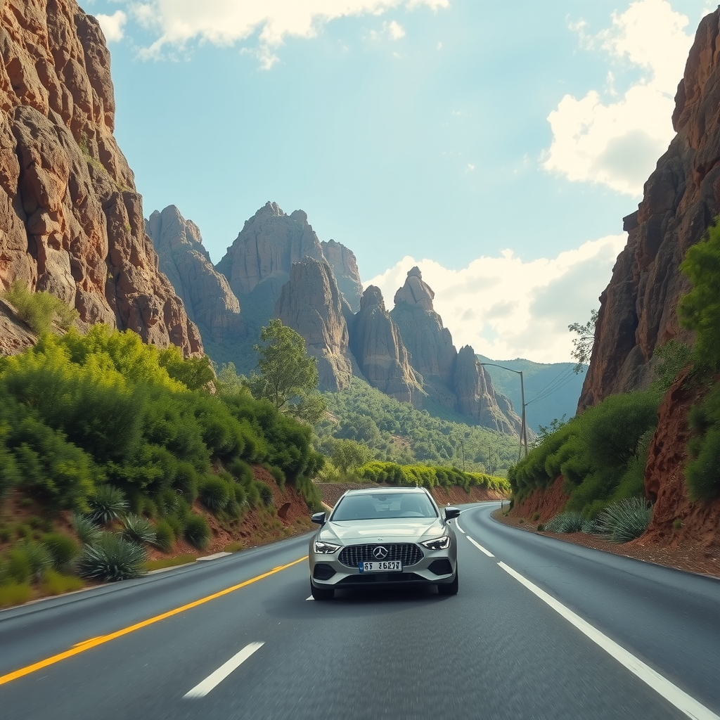 Un coche viajando por una carretera de montaña en las Sierras de Córdoba, con formaciones rocosas únicas y vegetación verde exuberante a ambos lados.