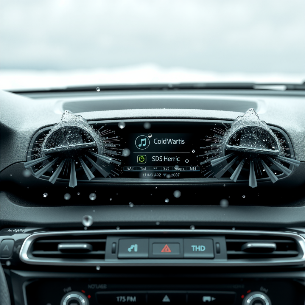 Vista interior de un coche con aire frío saliendo de las rejillas de ventilación del tablero, con gotas de condensación para enfatizar el frescor.