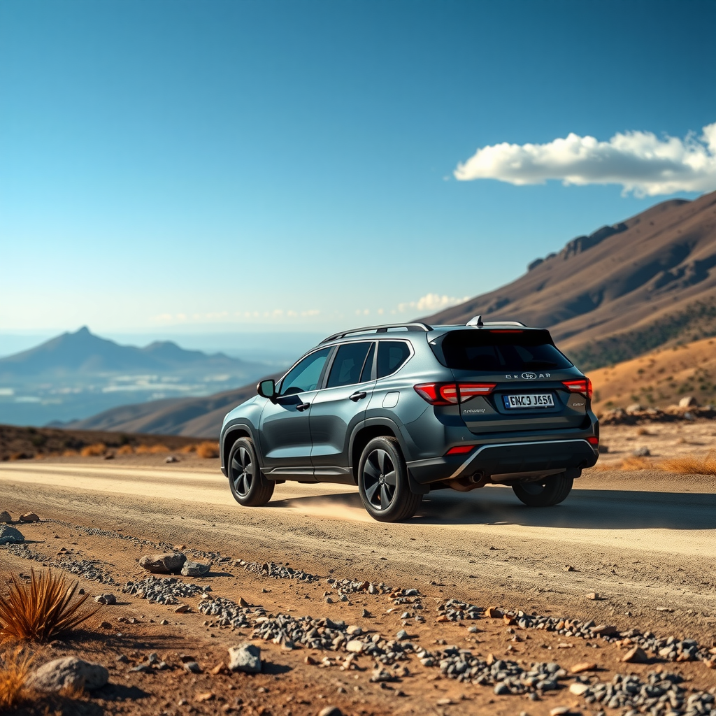 Un SUV de color oscuro levantando una leve estela de polvo en un camino de ripio escénico en las sierras de Córdoba, con un paisaje de fondo imponente.