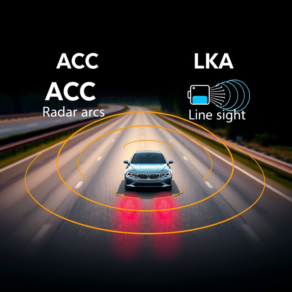 Infografía que muestra un coche en una autopista con arcos de radar del ACC y líneas de visión de la cámara del LKA, demostrando cómo los dos sistemas trabajan juntos.