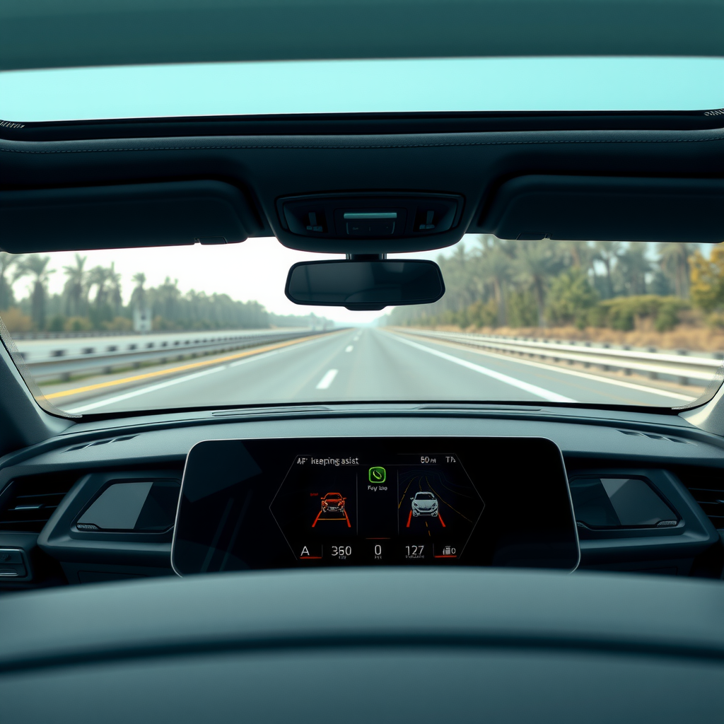 Una vista desde el interior de un coche moderno, mostrando una pantalla de tablero digital con gráficos del asistente de mantenimiento de carril y el control de crucero adaptativo activos en una autopista.